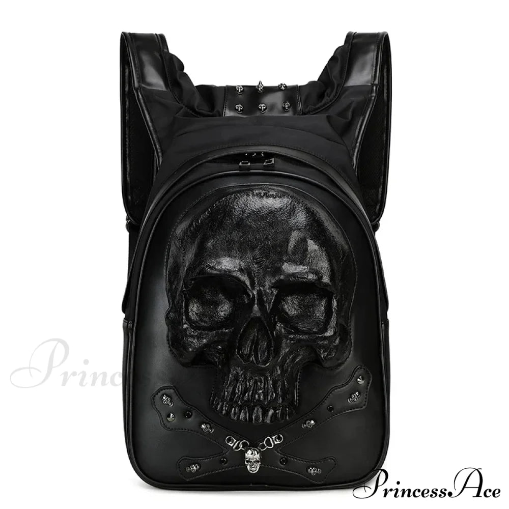 3D Embossed Skull Punk Rock Gothic Leather Rivets Laptop Travel Backpack Bag Black Halloween