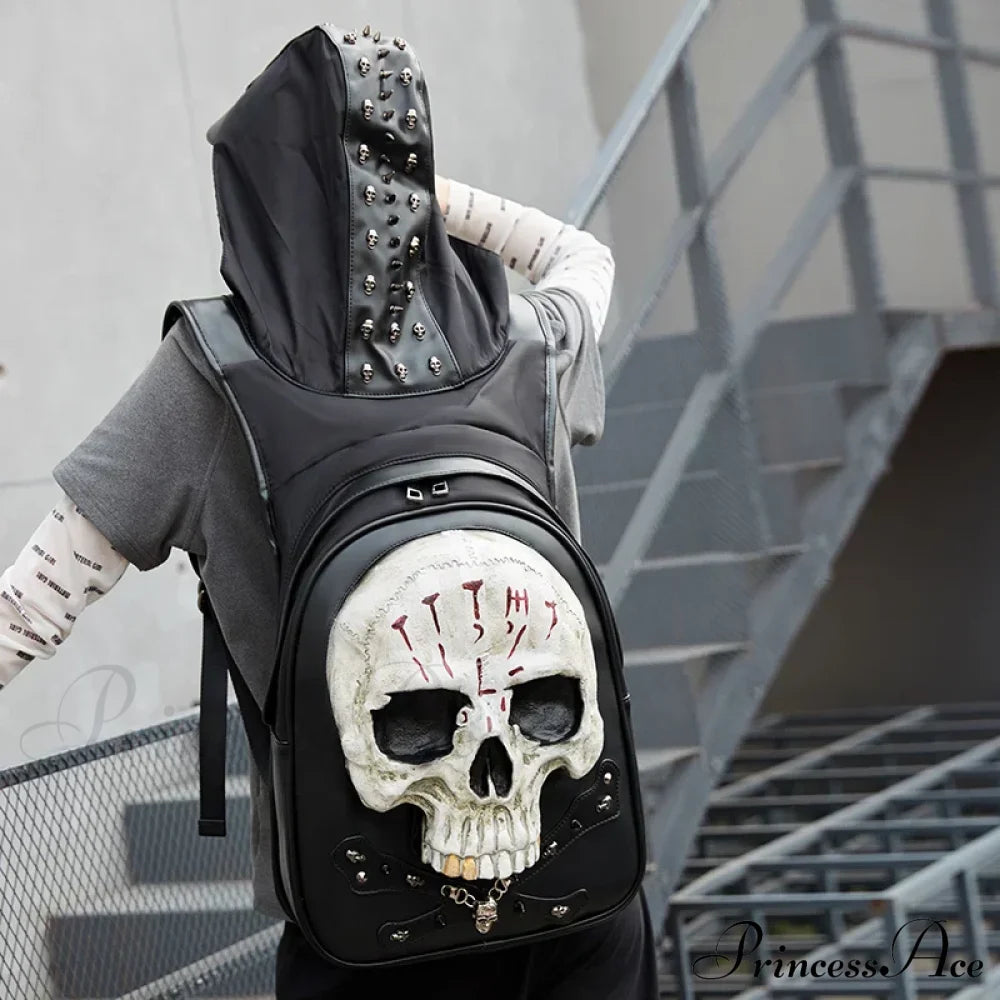 3D Embossed Skull Punk Rock Gothic Leather Rivets Laptop Travel Backpack Bag Halloween