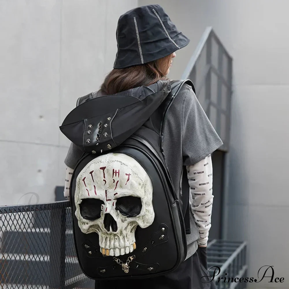 3D Embossed Skull Punk Rock Gothic Leather Rivets Laptop Travel Backpack Bag Halloween