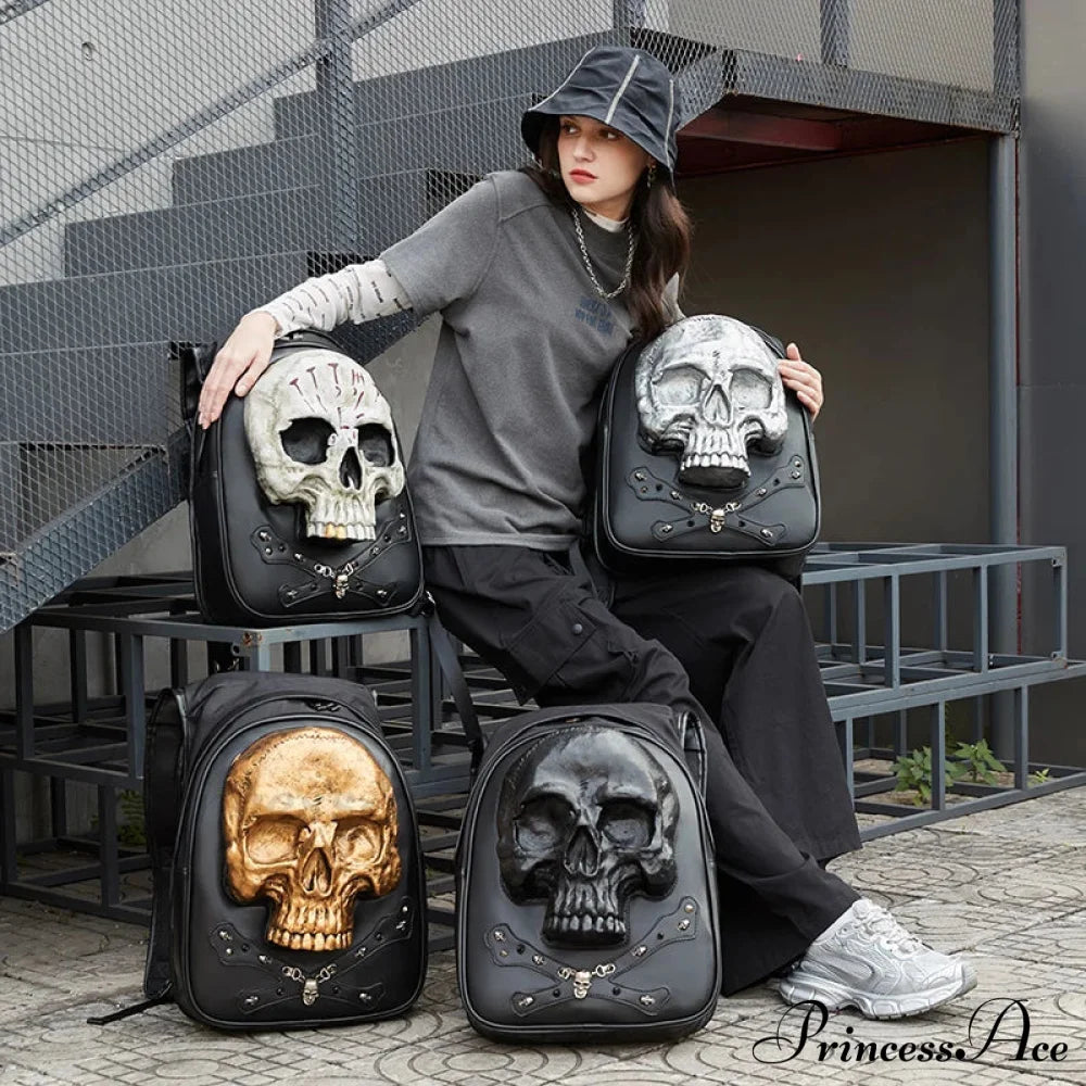 3D Embossed Skull Punk Rock Gothic Leather Rivets Laptop Travel Backpack Bag Halloween