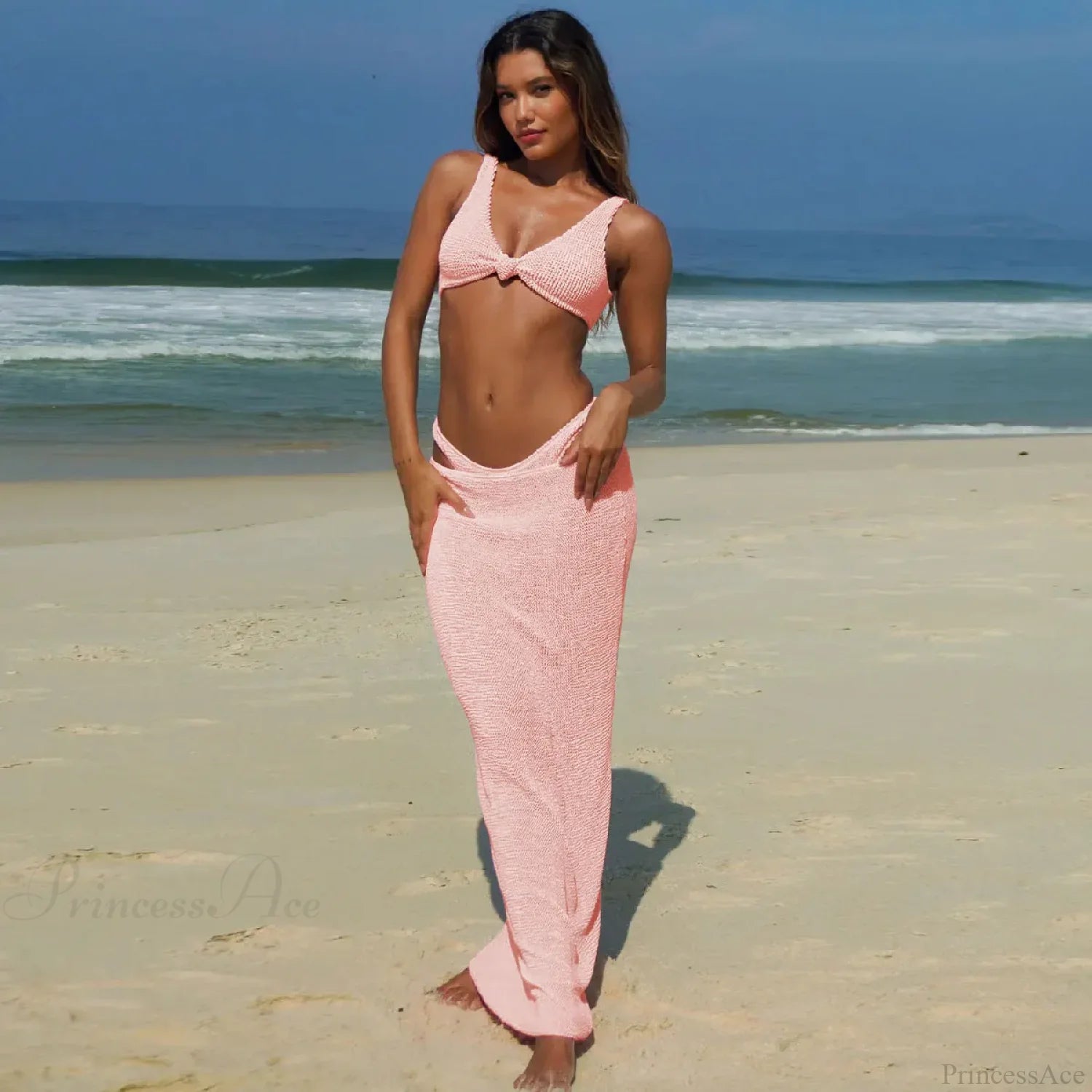 3D Flower Fringed Skirt Three Piece Swimsuit pink1 / S