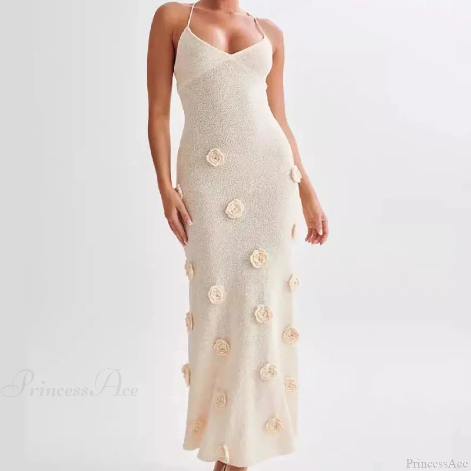 3D Flower V-neck Backless Lace-Up Maxi Floral Dress Apricot 01 / S floraldress-250126