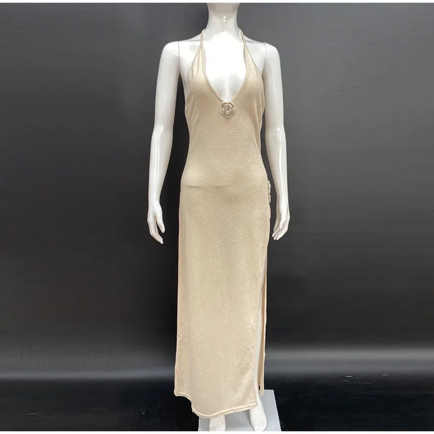 3D Flower V-neck Backless Lace-Up Maxi Floral Dress Apricot 02 / S floraldress-250126