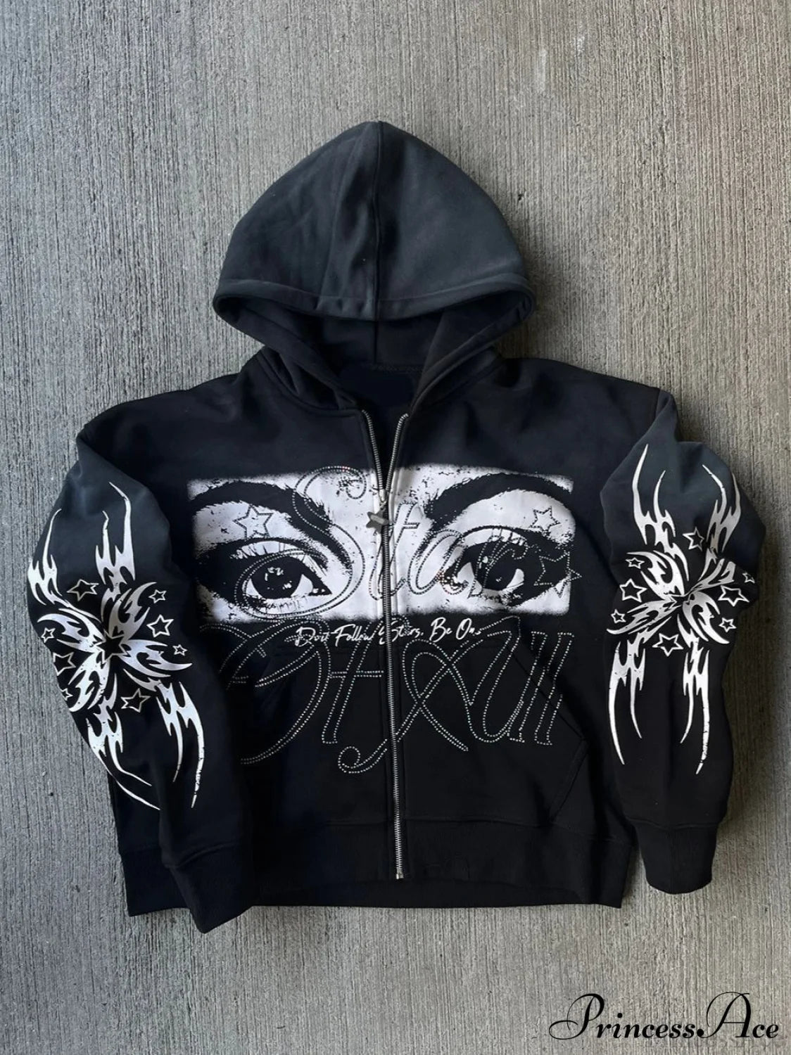 3D Print Vintage Long Sleeve Zip Hoodie Black / XS