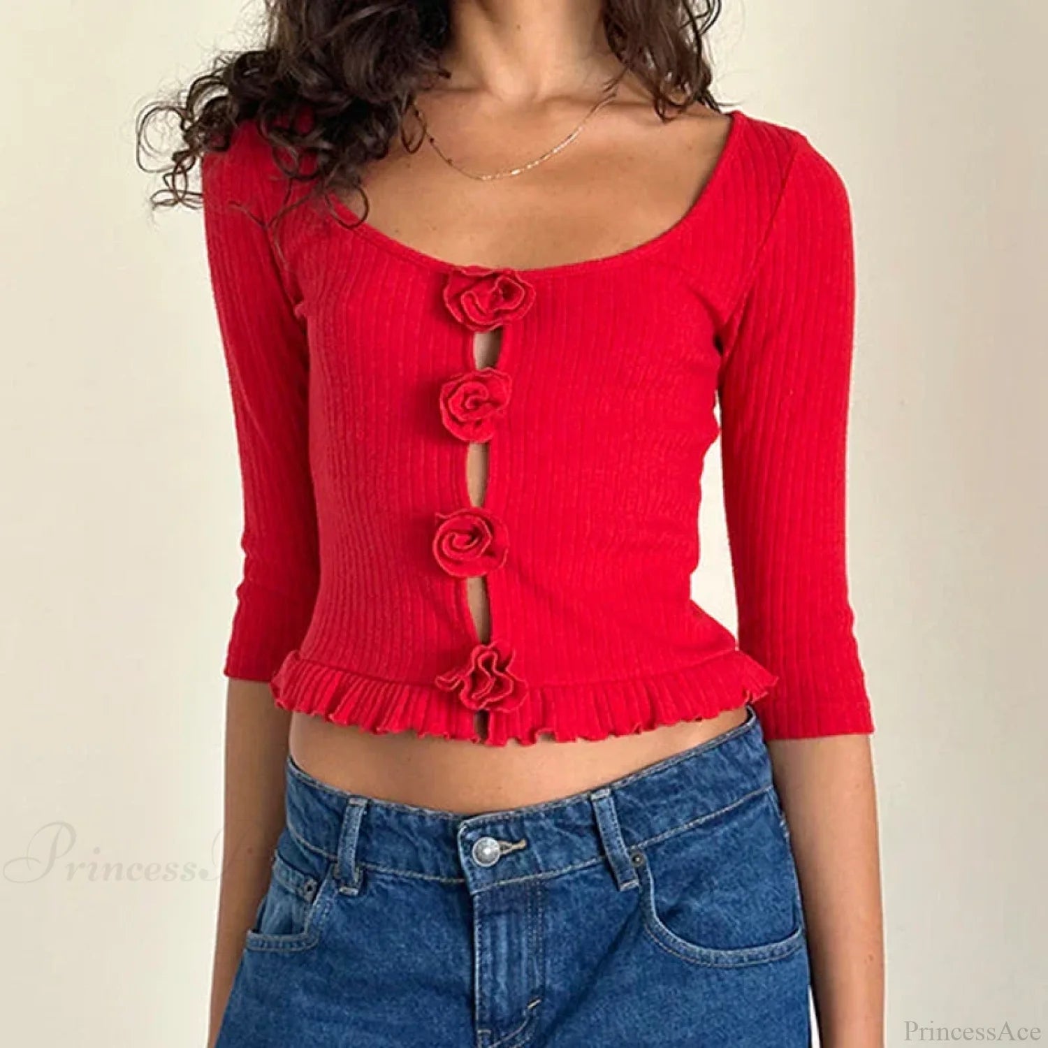 3D Rosette Front Hollow Out Vintage Half Sleeve Elegant Lady Slim Fit Y2K Crop Top croptop-250126