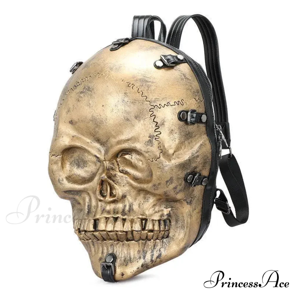 3D Skull Ghost Gothic Vintage Rivets Punk Travel Backpack Bag Gold Halloween