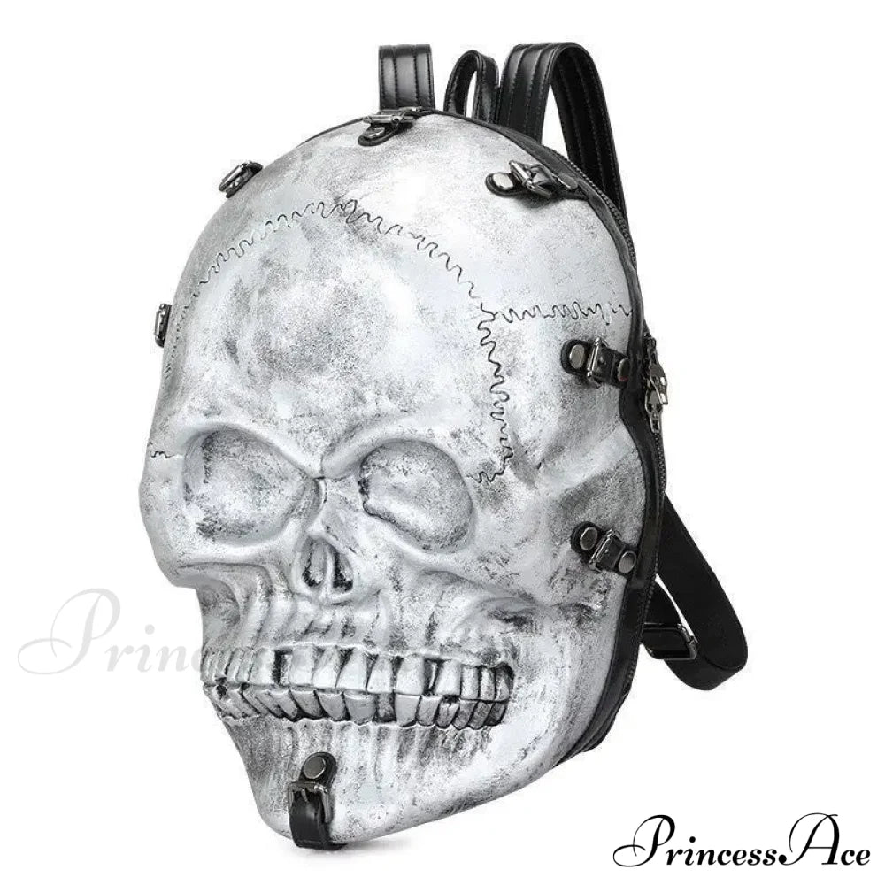 3D Skull Ghost Gothic Vintage Rivets Punk Travel Backpack Bag Silver Halloween