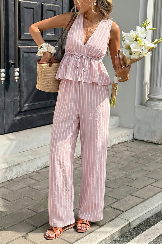 Striped V Neck Pants Vacation Set