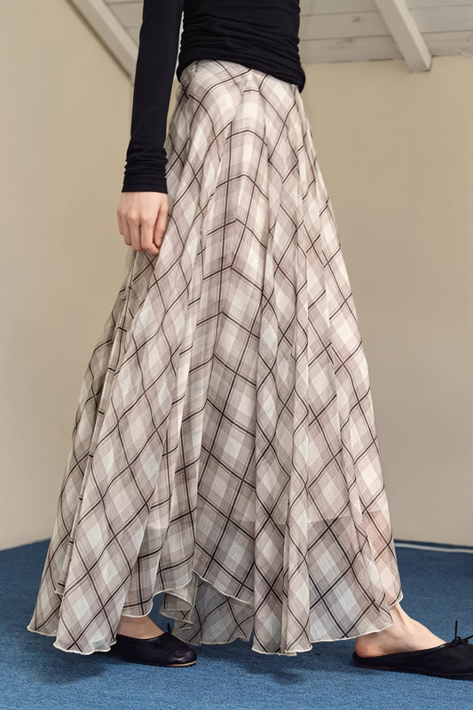 Gentle Style Draped Slim Plaid Maxi Skirt