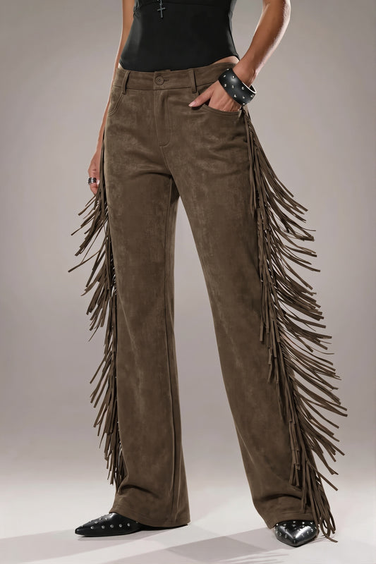 Side Fringe Suede Look Wide Leg Pants