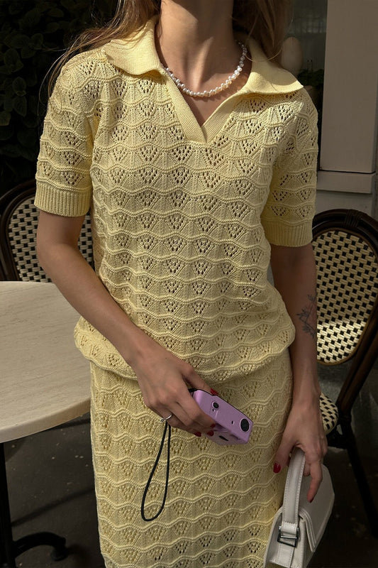 Openwork Polo Knit Top Maxi Skirt Set
