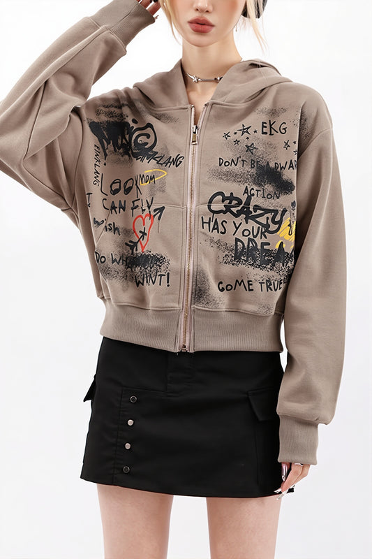 Collage Graffiti Print Zip Hoodie