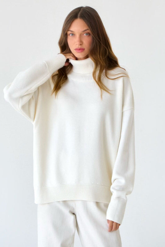 Solid Color High-Neck Loose Knit Sweater White / S