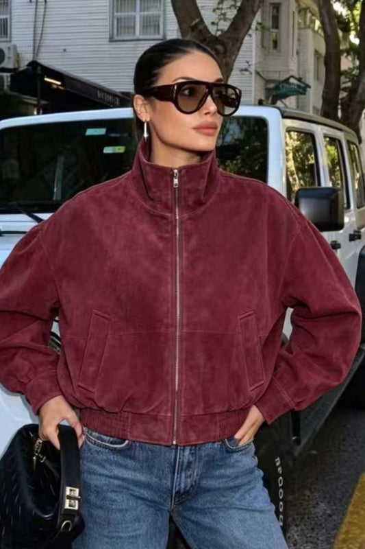 Burgundy Stand Collar Zip Jacket