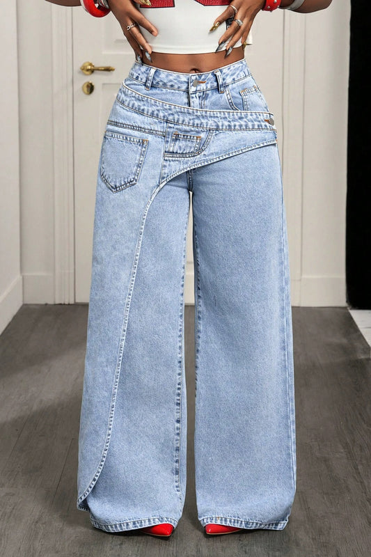 Asymmetric Layered Waist Wide Leg Jeans