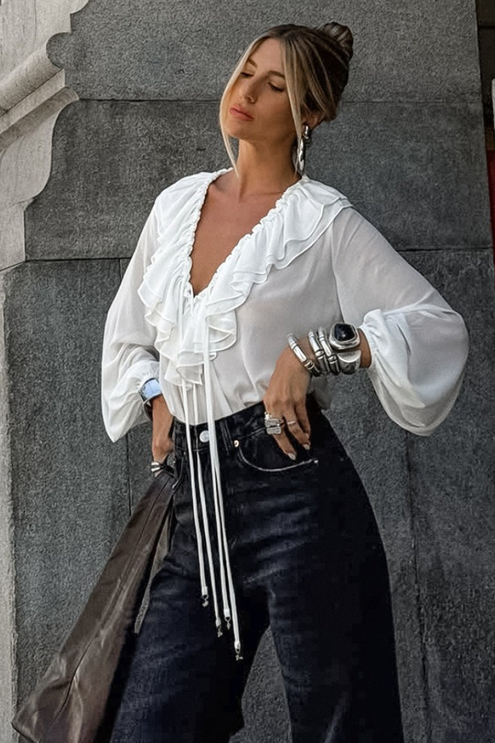 White Ruffled V Neck Lantern Sleeve Blouse – PrincessAce