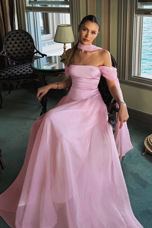 Elegant Satin Mesh Off Shoulder Prom Dress