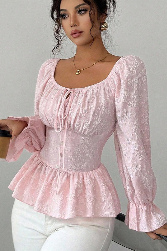 U Neck Tie Long Sleeve Designer Blouse