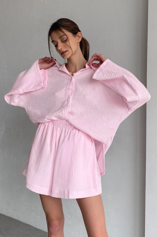 Cotton Long Sleeve Shirt Wide Leg Pants Two Piece Set