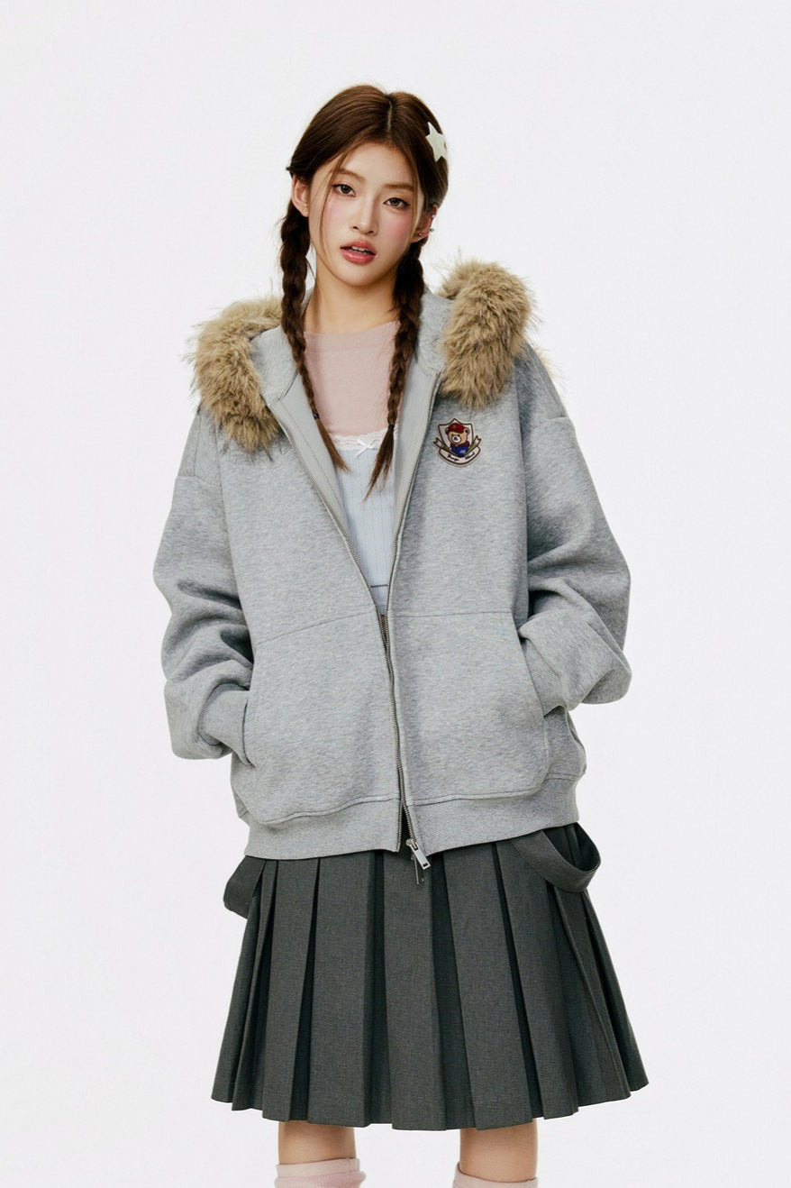 Vintage Bear Ear Fleece Collar Zip Hoodie Grey / S