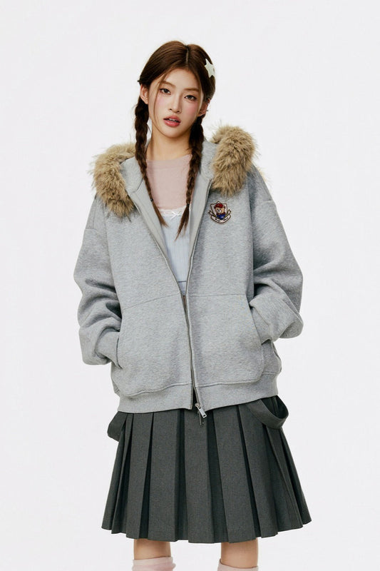 Vintage Bear Ear Fleece Collar Zip Hoodie Grey / S
