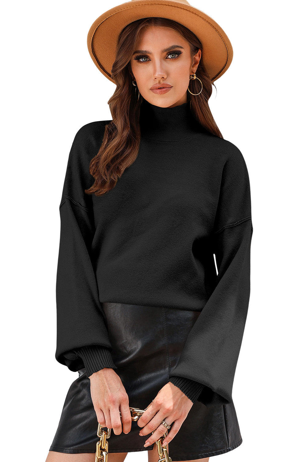 Shoulder Arm Turtleneck Knit Bubble Sweater Drop in Black