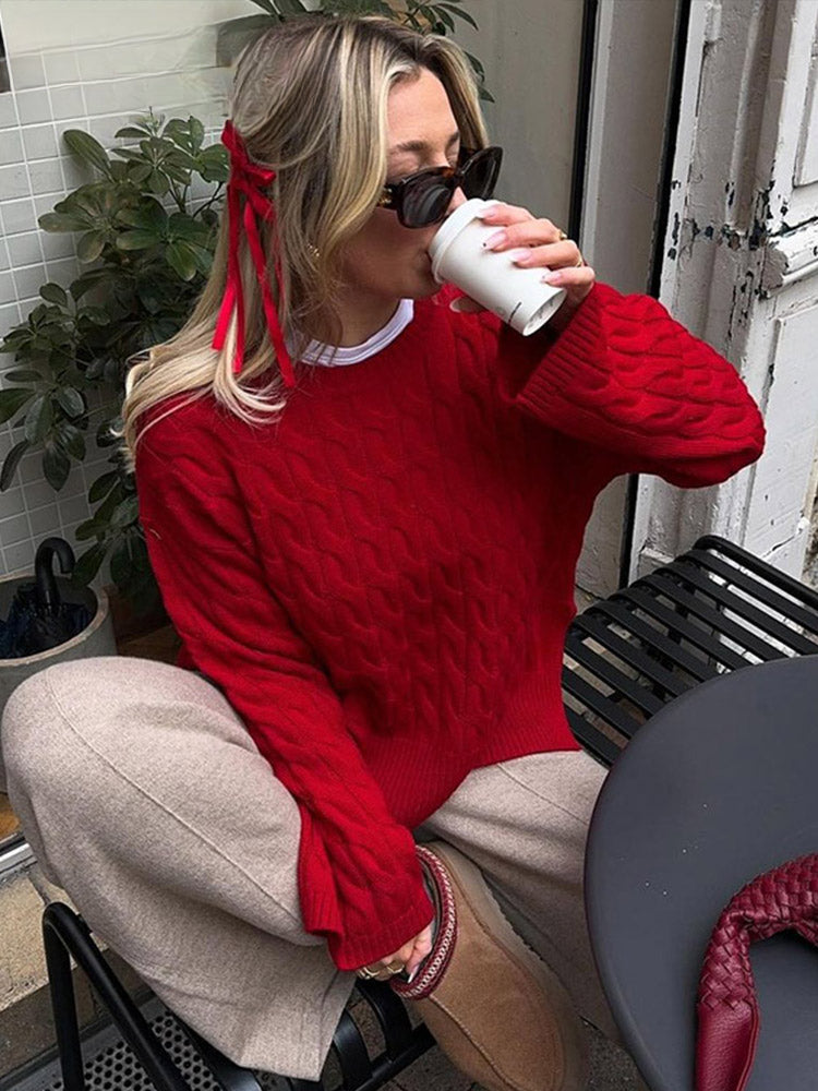 Lazy Twist O-Neck Long Sleeve Side Split Knitted Christmas Sweater