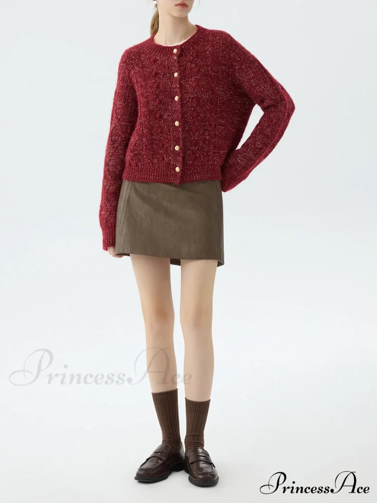 4.8% Sheep Wool Red Elegant Cable Cardigan Cardigan-241208