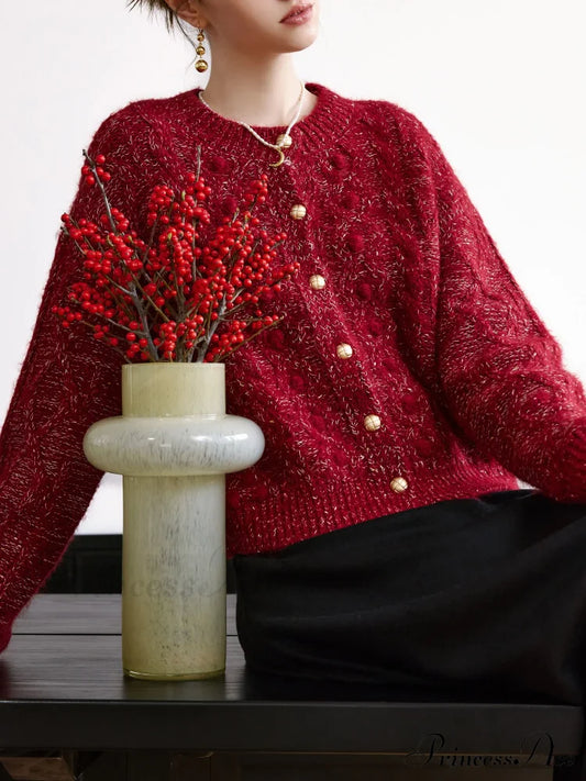 4.8% Sheep Wool Red Elegant Cable Cardigan Maroon / Xs Cardigan-241208