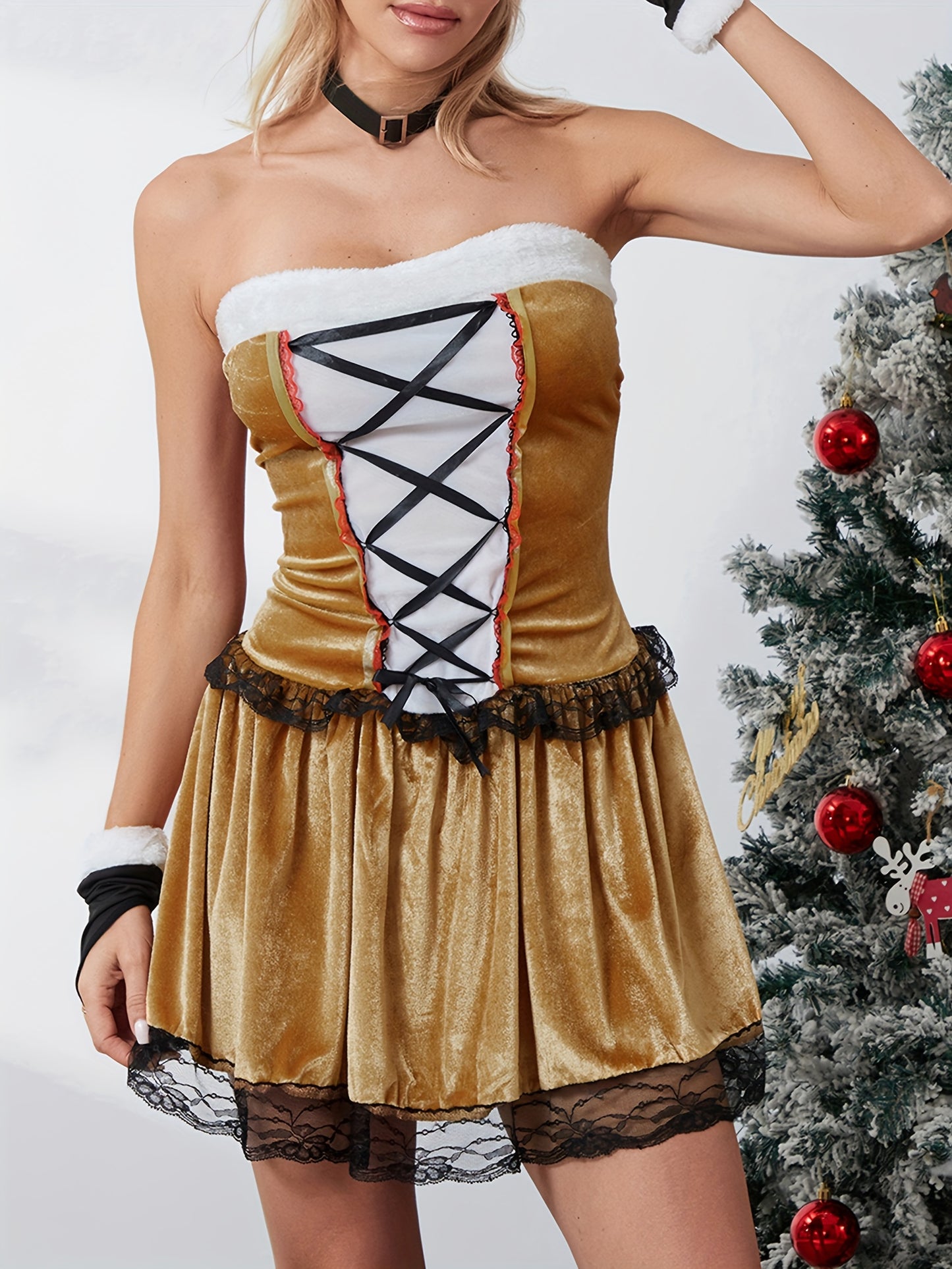 Strapless Lace Patchwork Velvet Dress with Choker and Gloves Christmas Costume