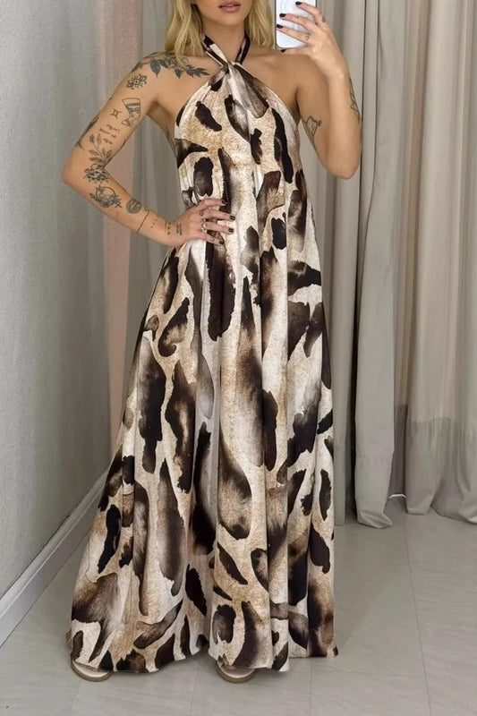 Leopard Print Halter Neck Backless Maxi Dress