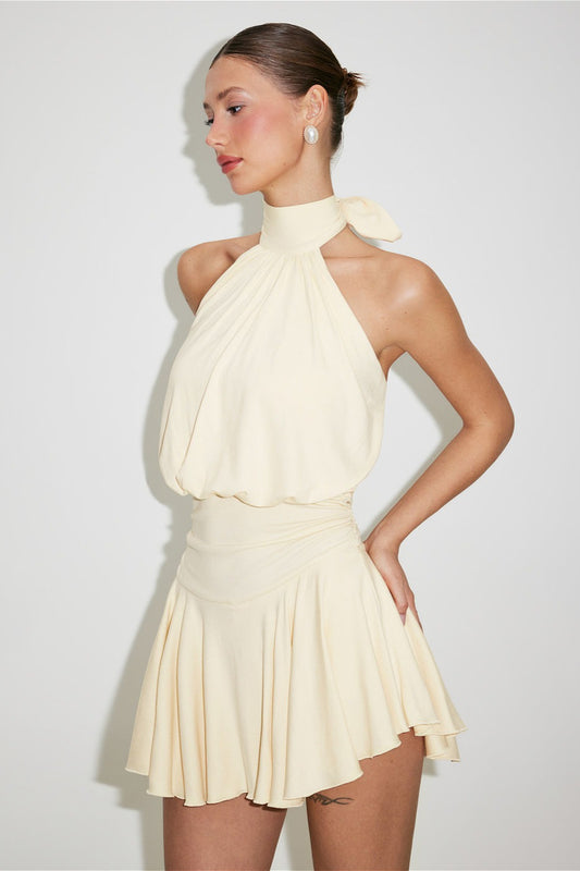 Solid Halter Ruffle Mini Dress