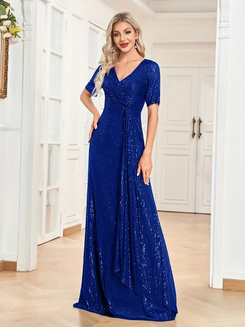 Royal Blue Sequin Short Sleeve Party Prom Dress