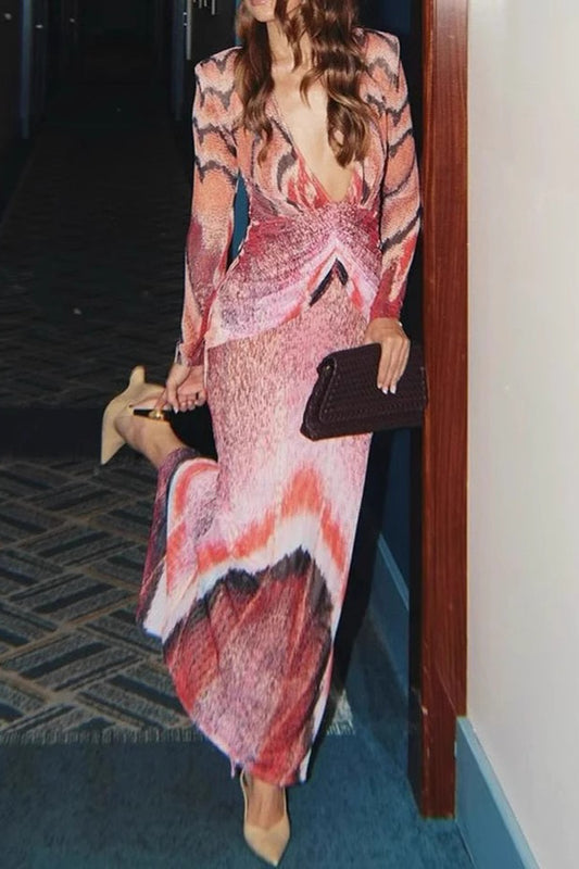 Sexy, figurbetontes Maxikleid mit V-Ausschnitt und Blumenmuster und langen Ärmeln