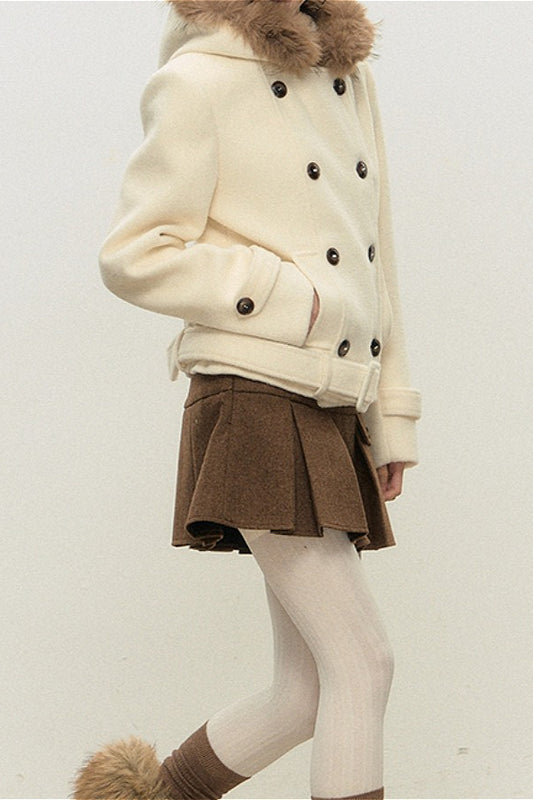 Double Breasted Hooded Waist Cinched Thickened Wool Coat