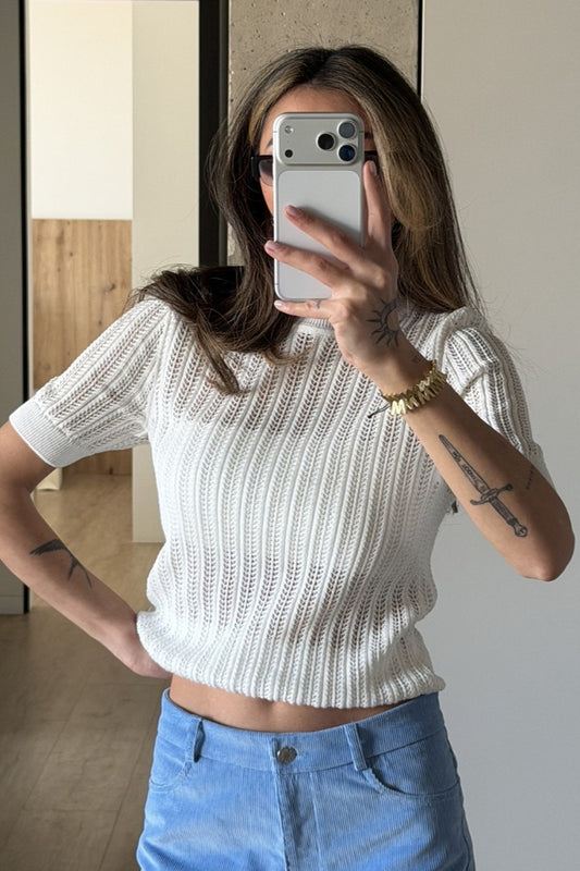 Openwork Short Sleeve Crew Neck Sweater