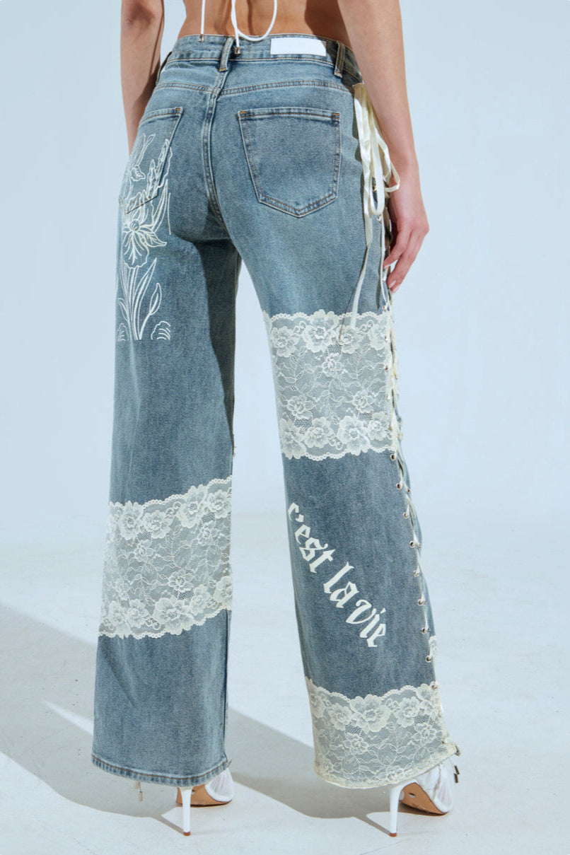 Low Waist Lace Panel Straight Stylish Jeans
