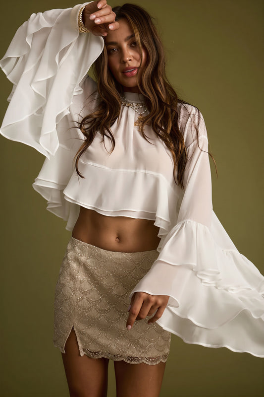 Cropped Ruffle Cape Sleeve Blouse