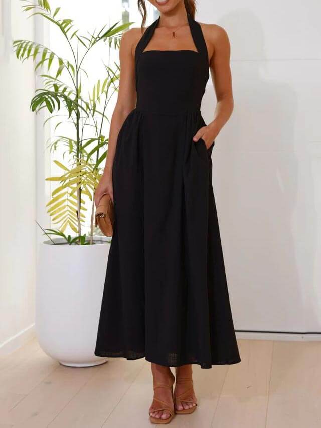 Halter Neck Waist Little Graceful Black Dress Mid Length Dress