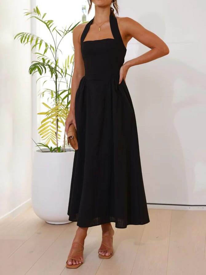 Halter Neck Waist Little Graceful Black Dress Mid Length Dress