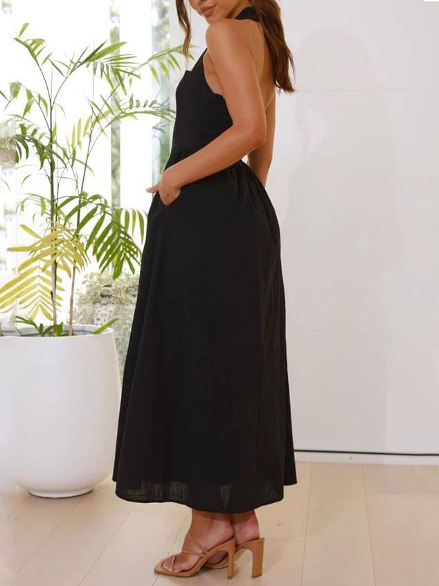 Halter Neck Waist Little Graceful Black Dress Mid Length Dress