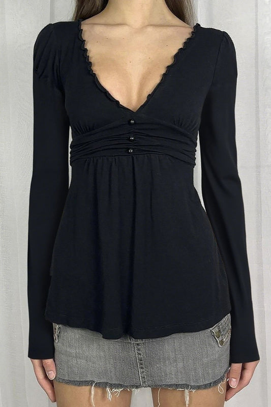 Ruffle Trim Button Long Sleeve Tee