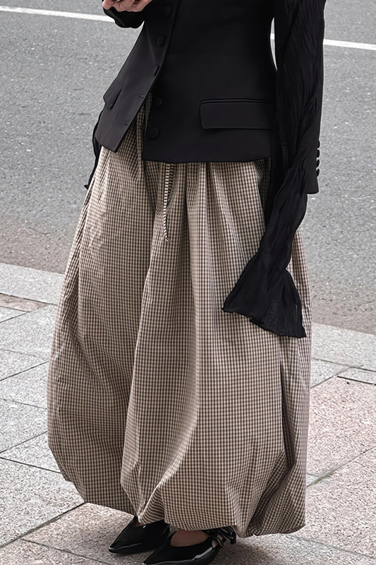 Brown Plaid Elastic Waist Balloon Pants