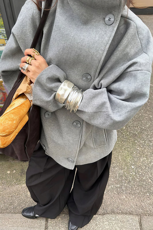 Chic Solid Wool Button High Collar Coat