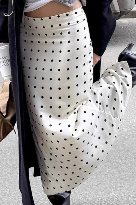 Polka-Dot Satin Fishtail Maxi Skirt