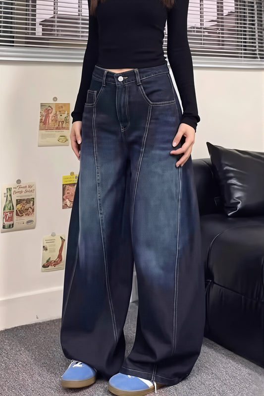 Letter Washed Barrel Leg Jeans