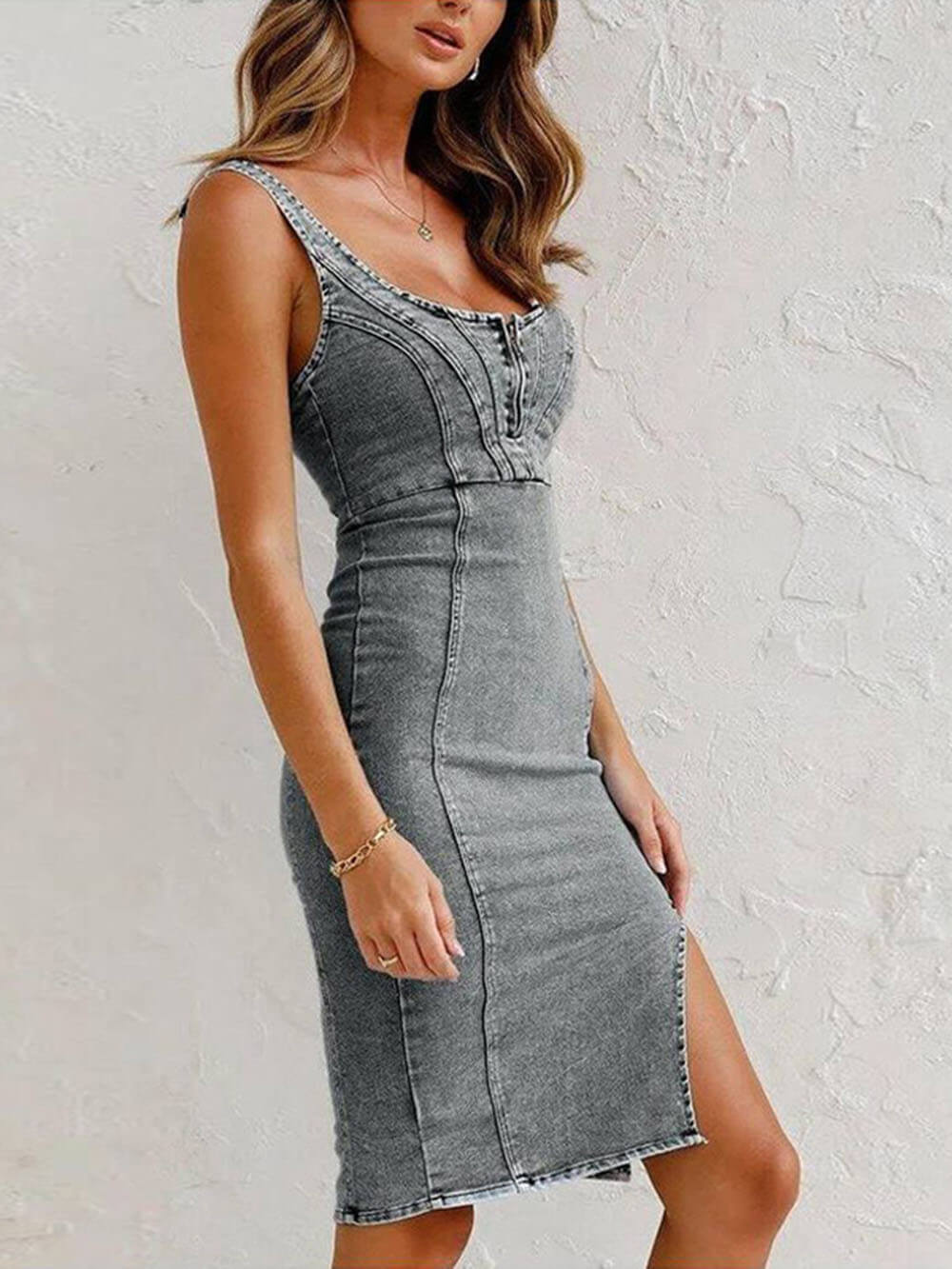 This Seasons Staple Denim Adjustable Trendy Straps Zip-up Firm Stretch Midi Dress