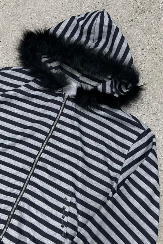 Striped Faux-Fur Hood Zip-Up Hoodie