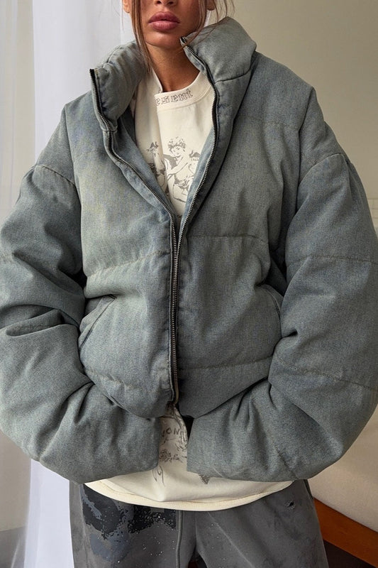 Washed Denim Stand Collar Puffer Jacket