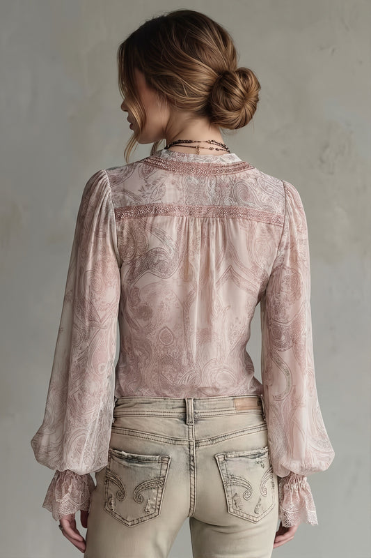 Lace Spliced Sheer Ruffle Flare Sleeve Blouse